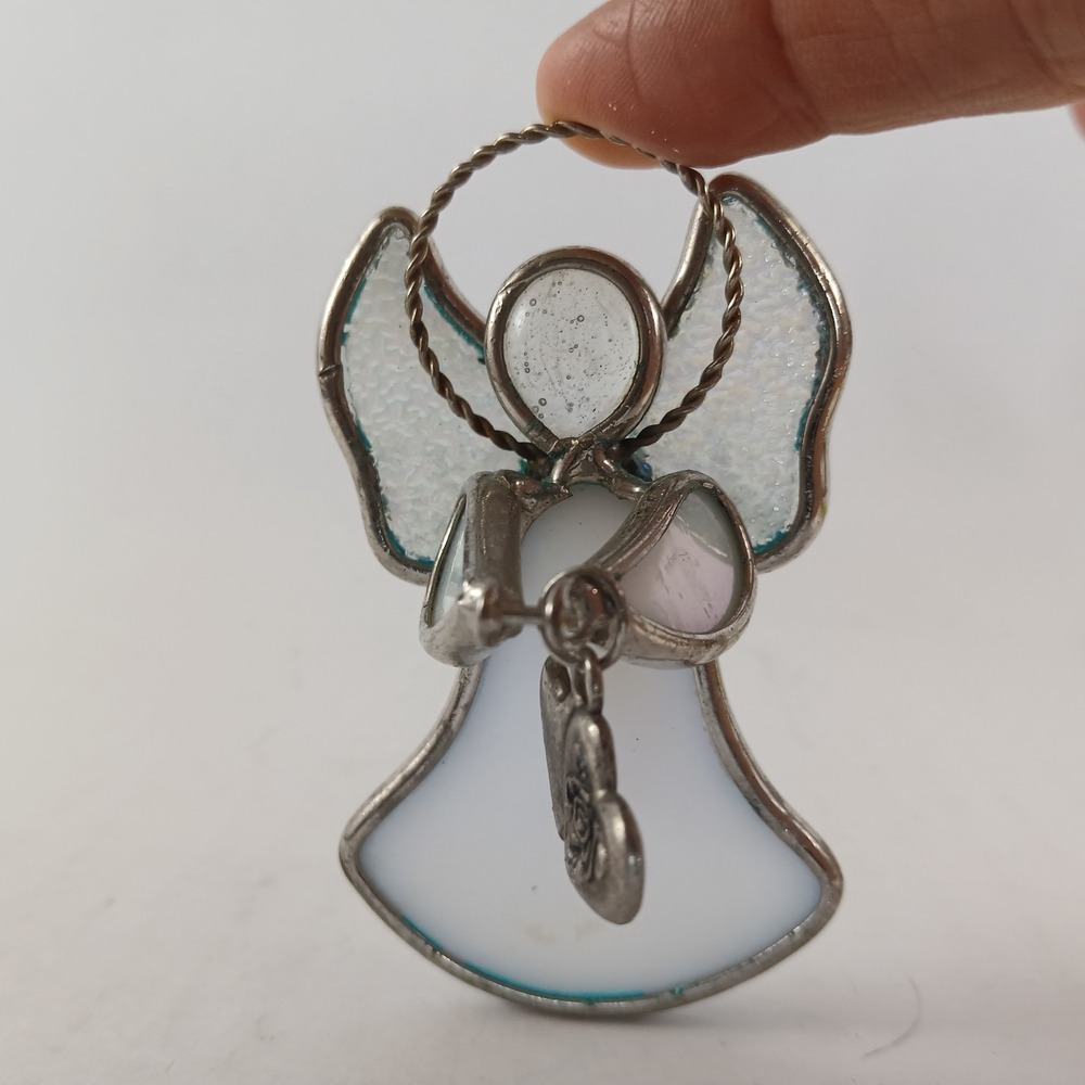Stained Glass Angel With Charm Sun Catcher White  Religious Window Art